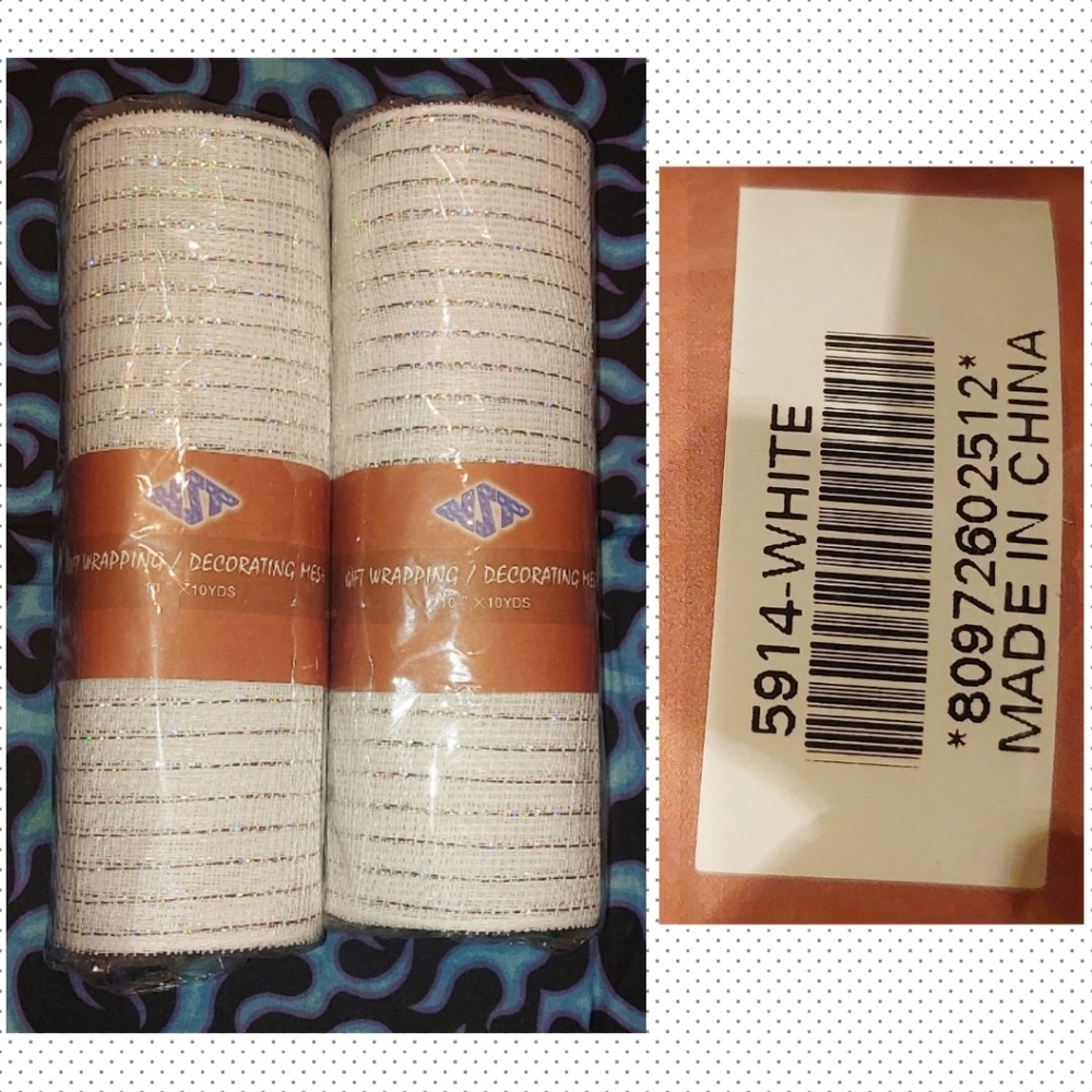JNT brand 2Pc Roll Bundle White & Iridescent Silver Decorative Mesh 10" X 10yds